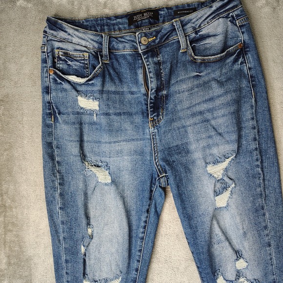 Judy Blue Jeans Womens 32 Blue Boyfriend Medium Wash Distressed Stretch Denim - Picture 5 of 16